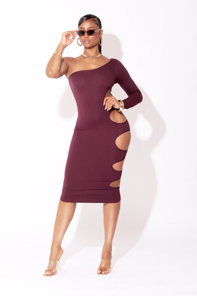 Burgundy Side Cutout One Shoulder Dress