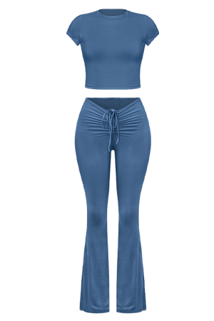 Navy Ruched Flare Pants & Top Set