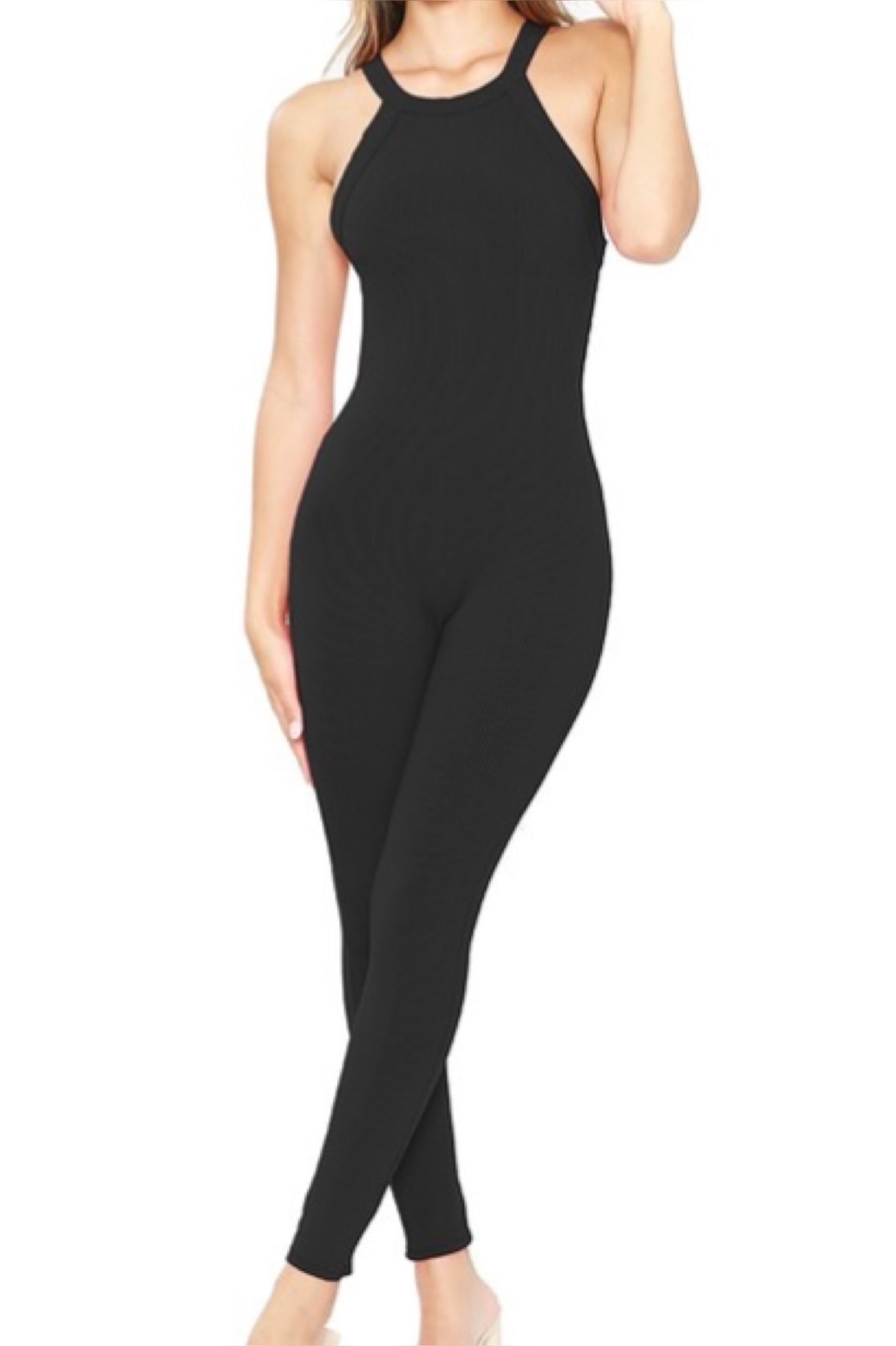 Black Ribbed Cross Back Unitard