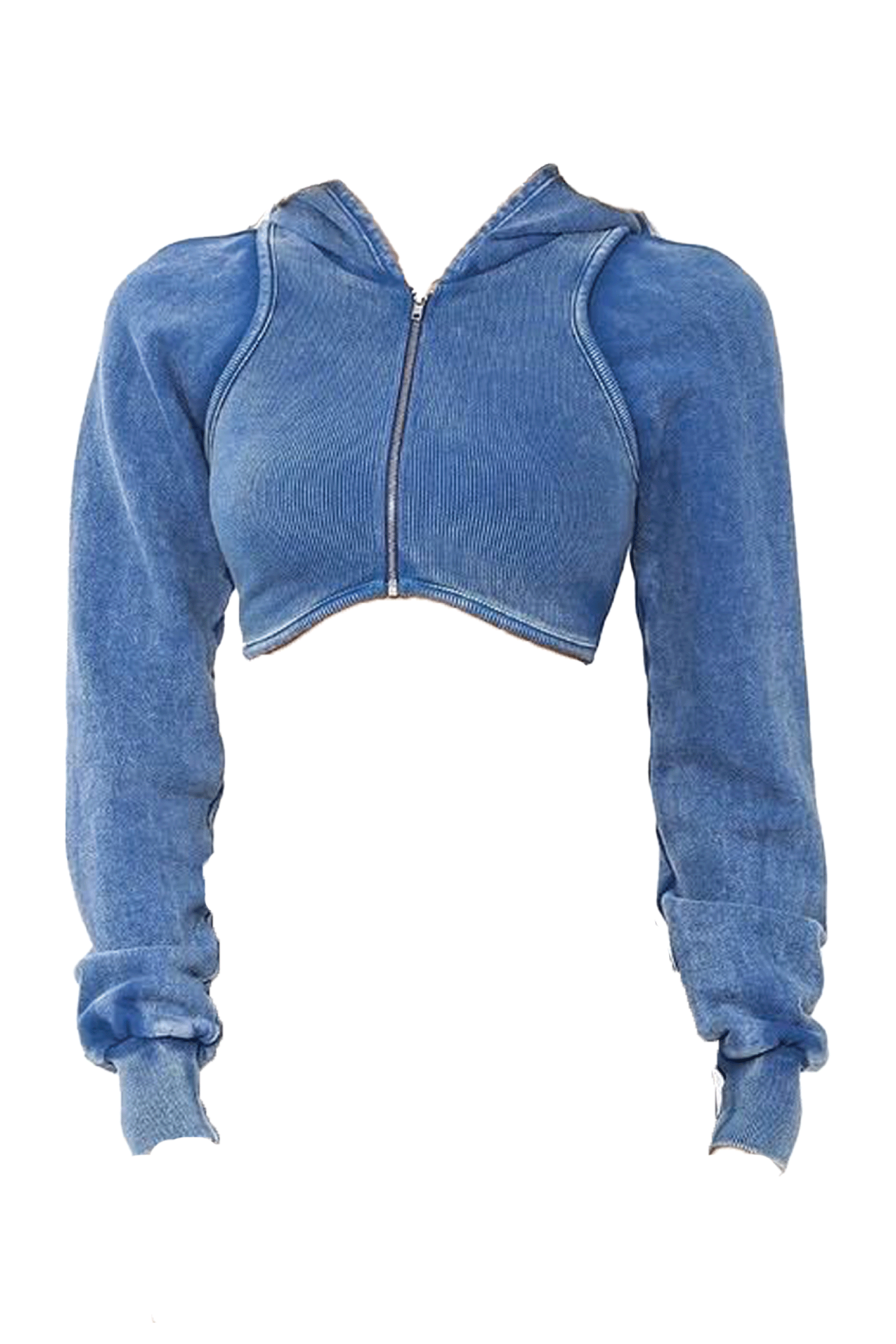 Blue Washed Cropped Zip Up Hoodie - sosorella