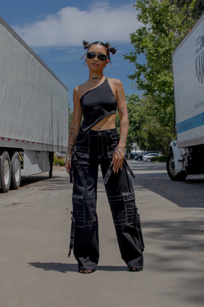 Contrast Stitch Zip Cargo Pants