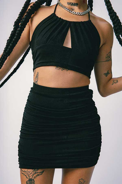 Halter Top Ruched Mini Skirt Set