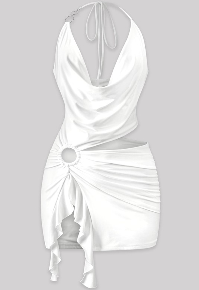 White Halter Front Slit Mini Dress