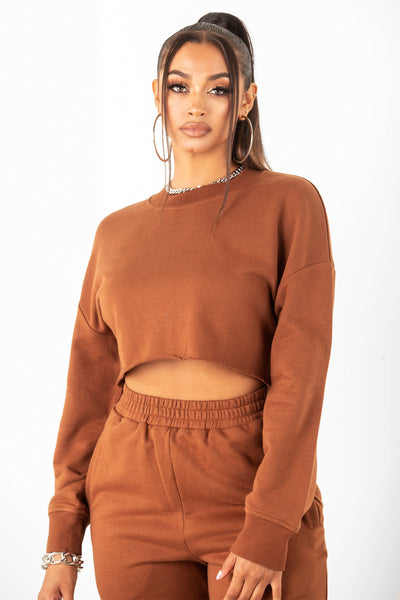 Brown Raw Cut Cropped Crewneck