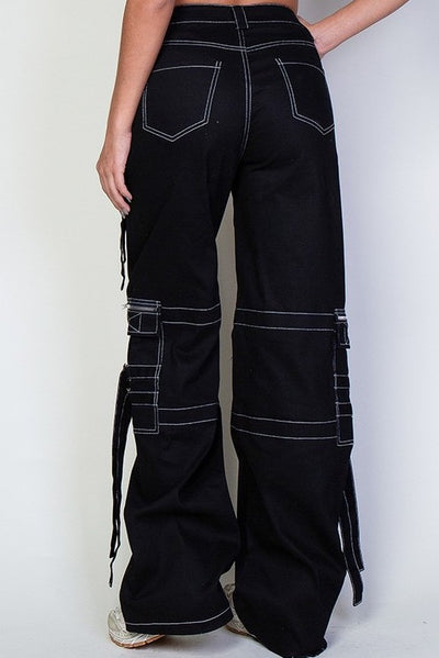 Contrast Stitch Zip Cargo Pants