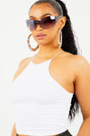 White Ribbed Elastic Strap Racer Tank
