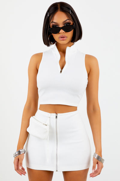 Sorella White Ribbed Zip Up Mini Skirt