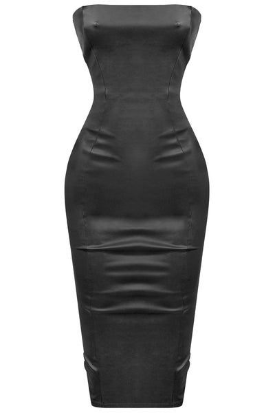 Black Tube Top Faux Leather Midi Dress