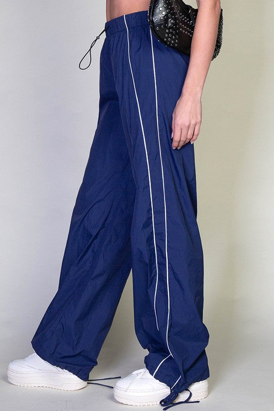 Navy Piping Detail Parachute Pants sosorella