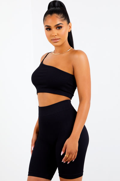Black One Shoulder Ribbed Bralette