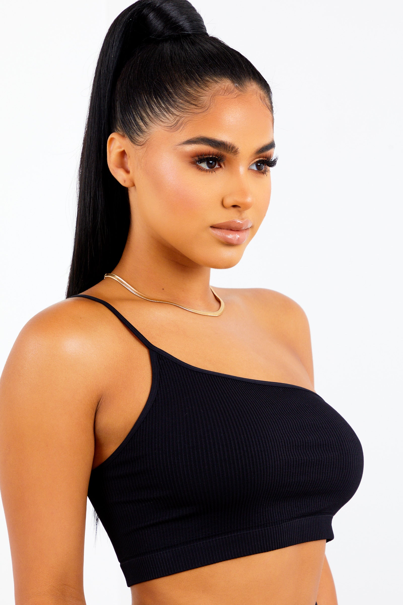 Black One Shoulder Ribbed Bralette