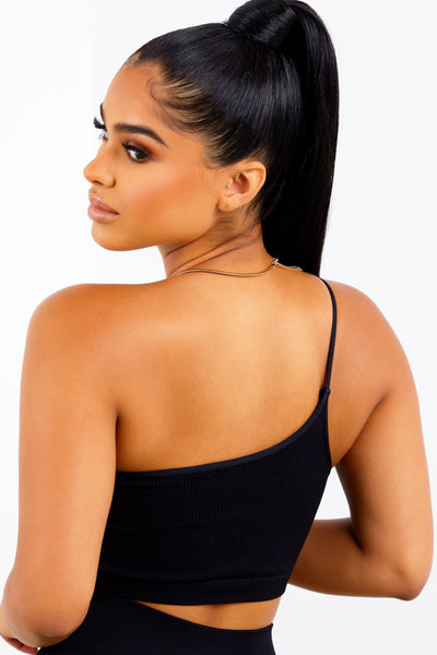 Black One Shoulder Ribbed Bralette