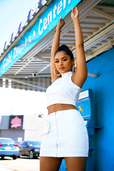 Sorella White Ribbed Zip Up Mini Skirt