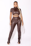 Brown High Neck Short Sleeve Crop Top And Leather Pants Set