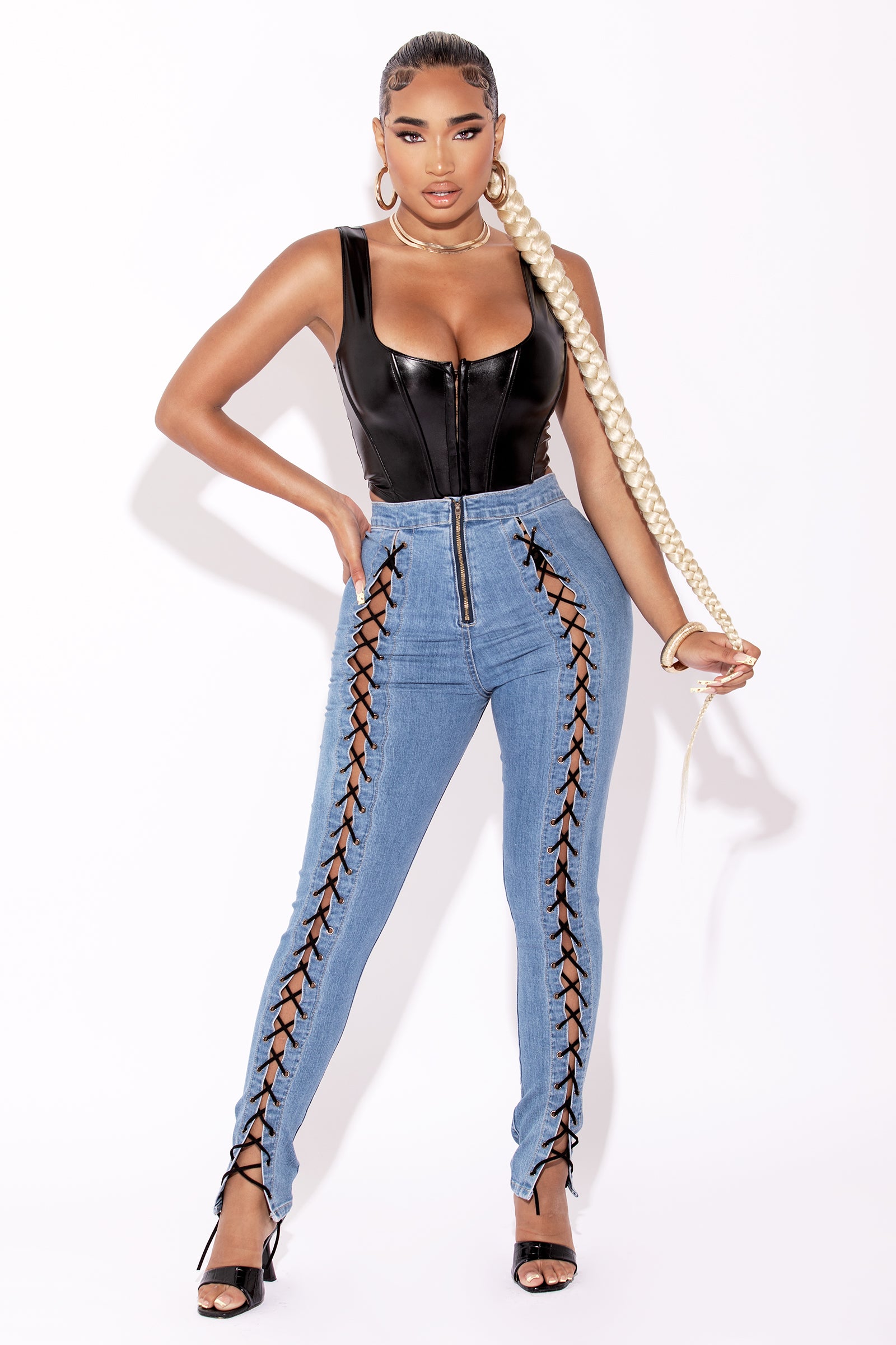 & Other Stories lace-up cut-out jeans in blue | ASOS