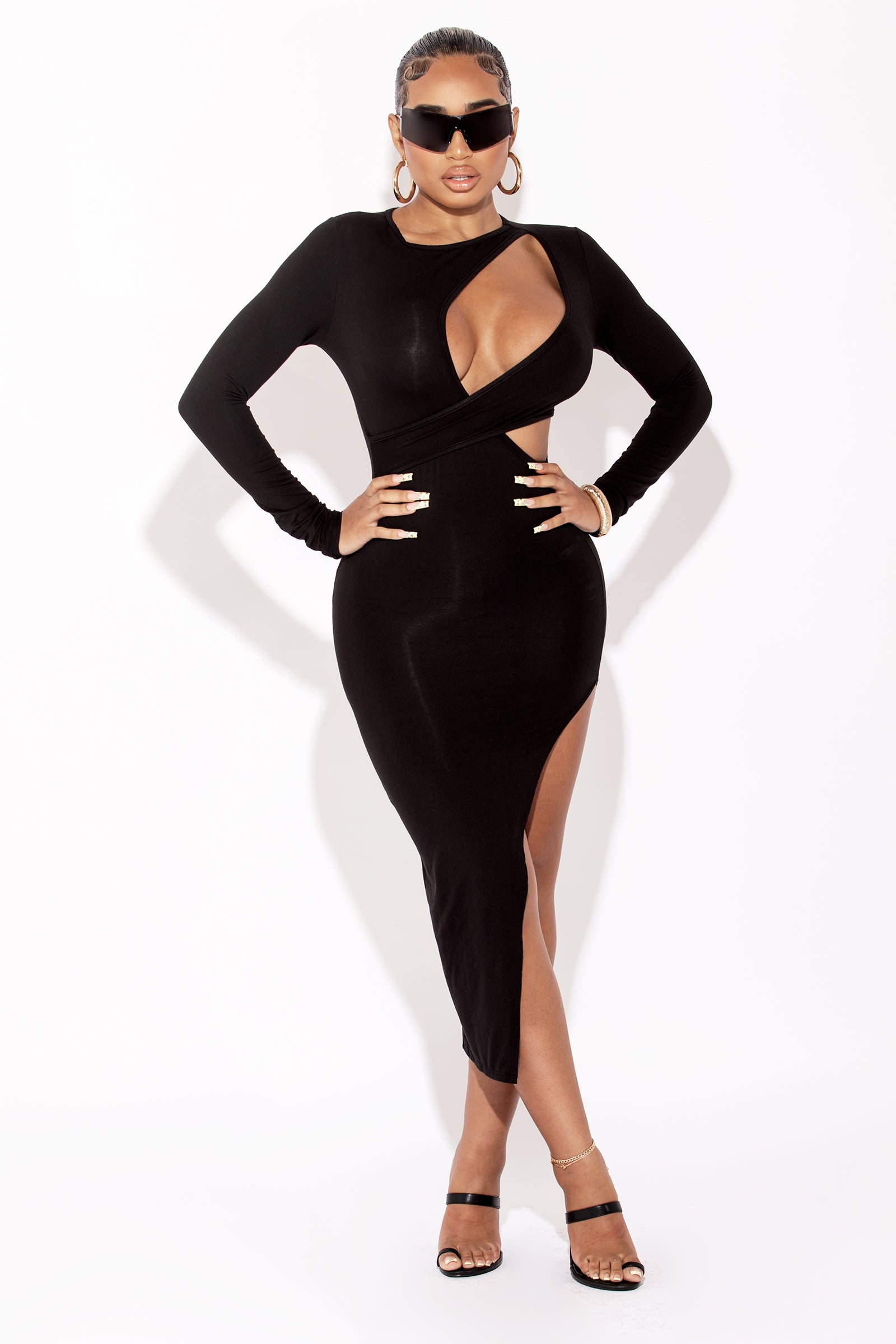 Black Long Sleeve Side Slit Dress