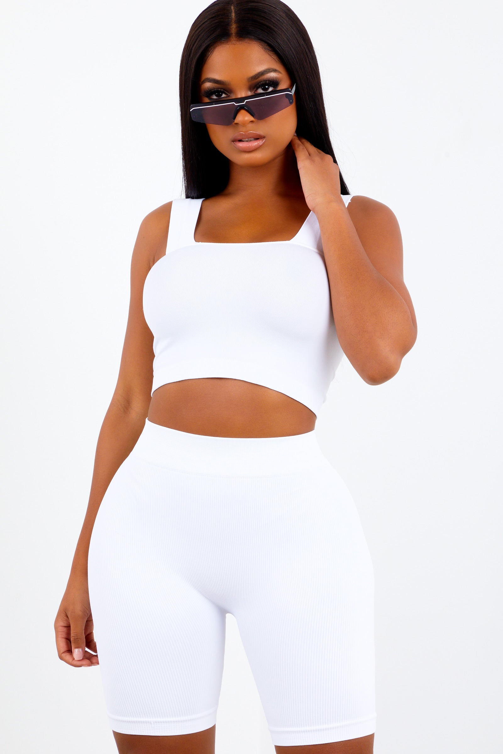 White Basic Ribbed Biker Shorts - sosorella