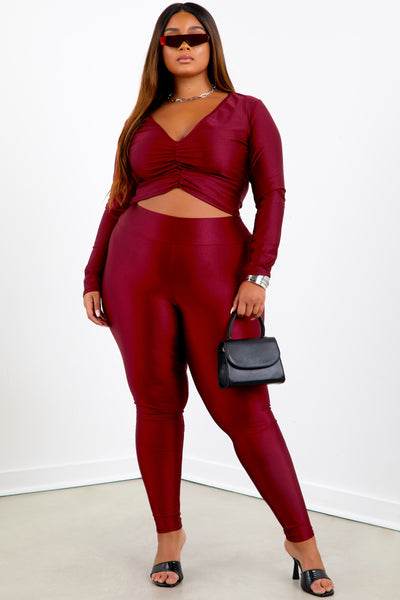 Burgundy Shape Shiny Ruched Leggings