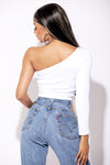 White Thick Ribbed One Shoulder Long Sleeve Top
