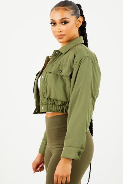 Olive Cropped Puffer Jacket