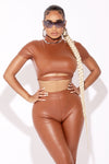 Camel High Neck Short Sleeve Crop Top And Leather Pants Set