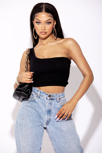 Black One Shoulder Ribbed Crop Top