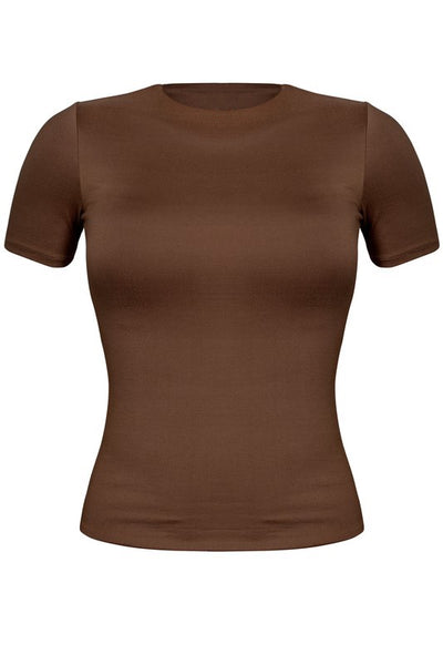 Brown Short Sleeve Solid Top