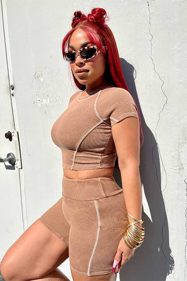 Nude Washed Stitch T Shirt & Biker Set