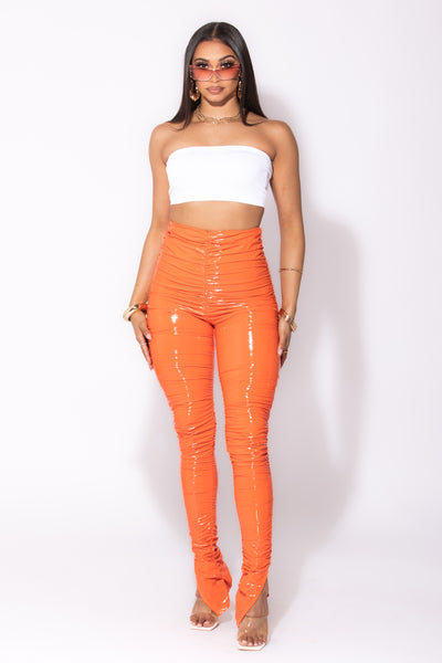 Orange Leather Ruched Pants