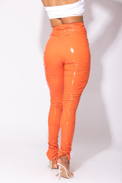 Orange Leather Ruched Pants