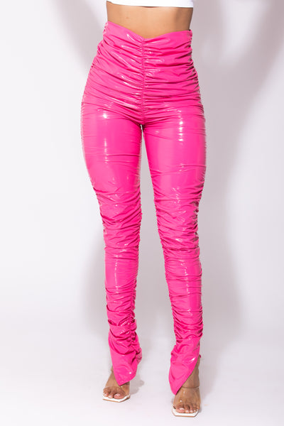 Fuchsia Leather Ruched Pants