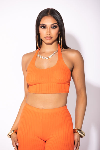 Orange Ribbed Halter Top & Legging Set