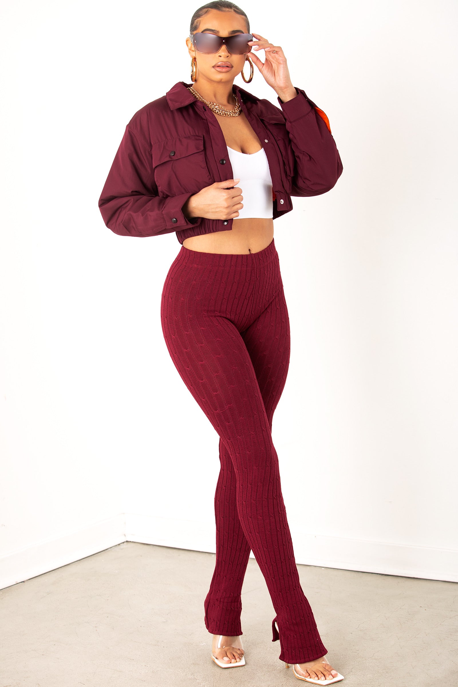 Burgundy Ribbed Seamless Leggings - sosorella