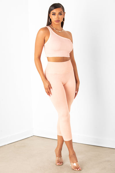 Peach One Shoulder Crop Top & Legging Set