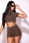 Ribbed T Shirt & Biker Short Set Brown
