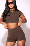 Ribbed T Shirt & Biker Short Set Brown