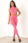 Pink Hollow Out Sleeveless Fishnet Set
