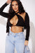 Cross Neck Cut Out Long Sleeve Crop Top Black