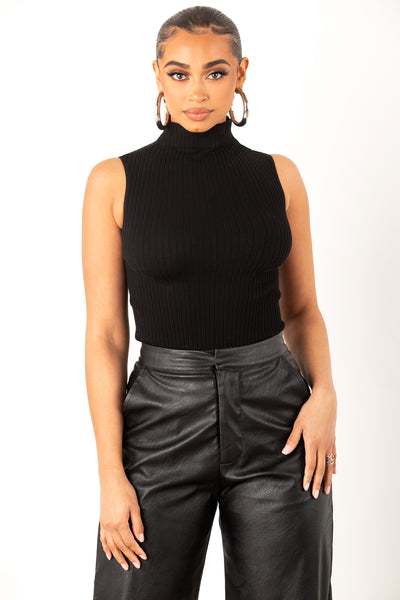 Black Ribbed Mock Neck Top