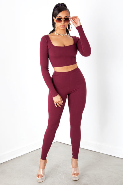 Burgundy Ribbed Leggings