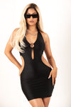 Black V Neck Cut Out O-Ring Bodycon Dress