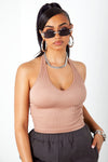 Khaki Ribbed V Neck Cropped Halter