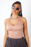 Khaki Ribbed V Neck Cropped Halter