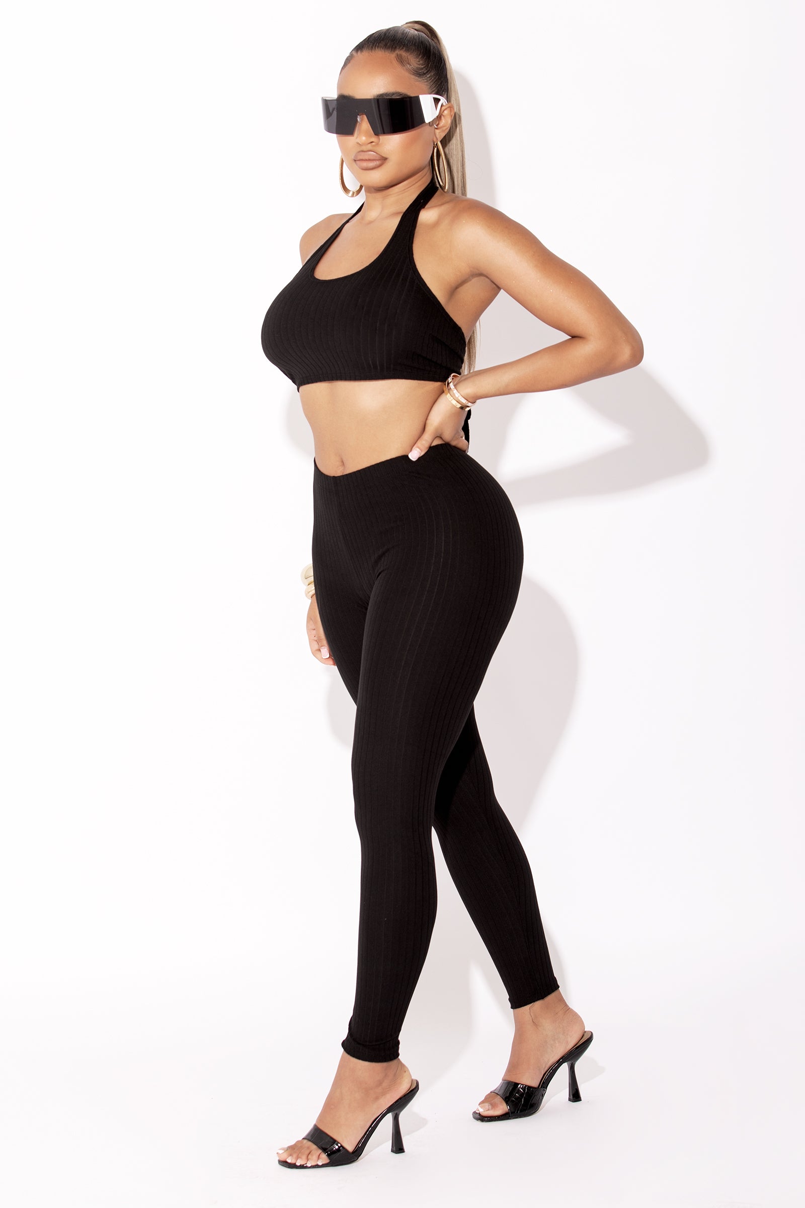 Black Ribbed Halter Top & Legging Set