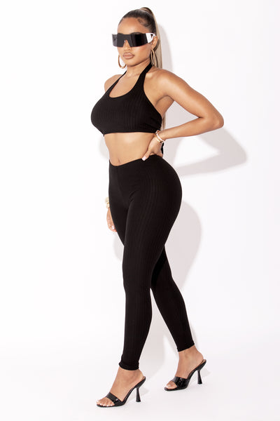 Black Ribbed Halter Top & Legging Set - sosorella