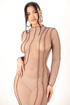 Brown Long Sleeve Mesh Maxi Dress