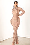 Brown Long Sleeve Mesh Maxi Dress