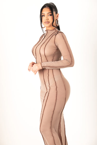 Brown Long Sleeve Mesh Maxi Dress