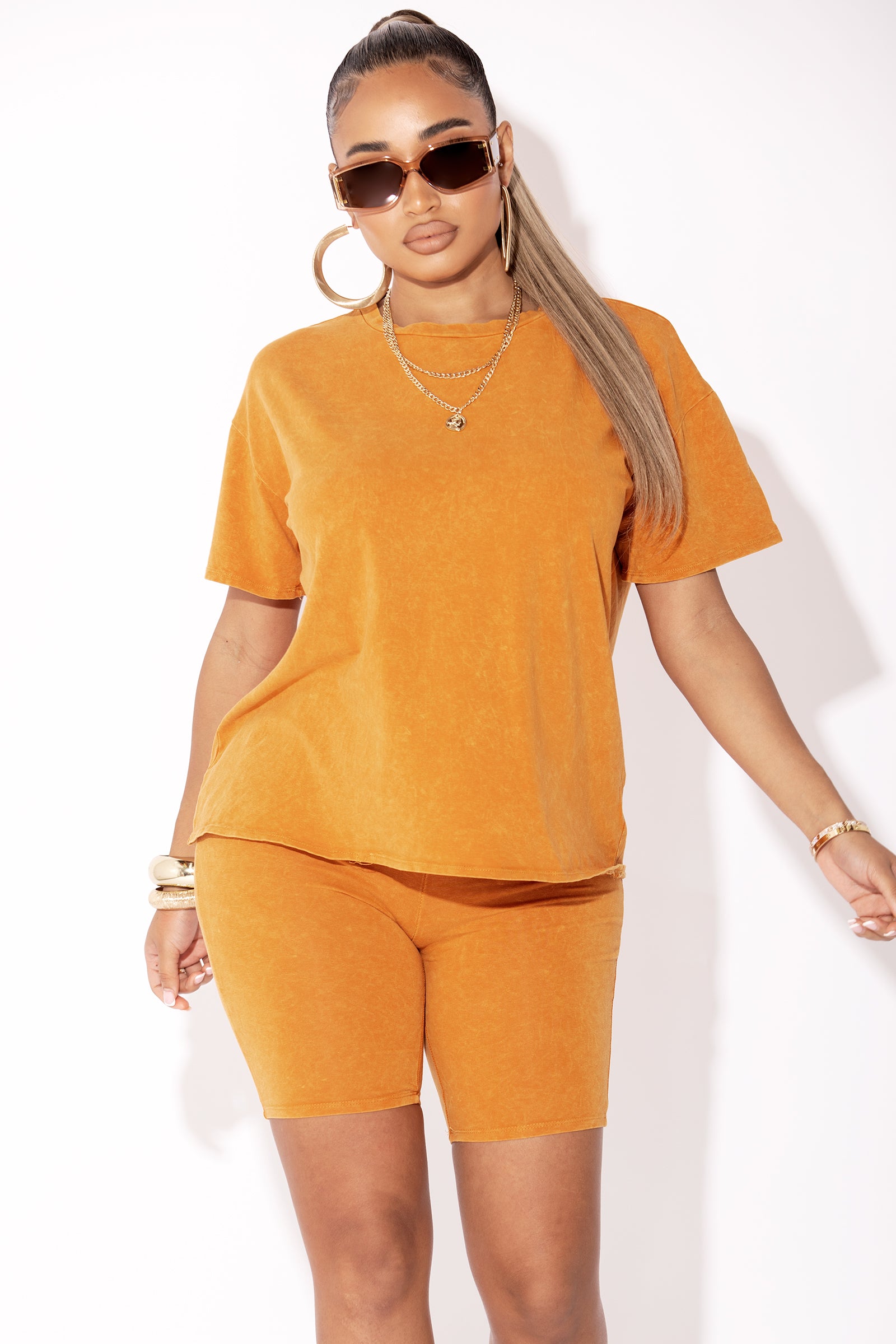 Orange Acid wash Biker Short Set