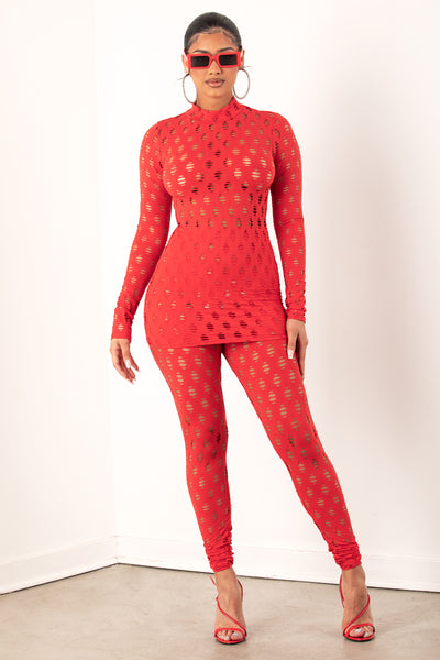 Hollow Out Fishnet Set -Red